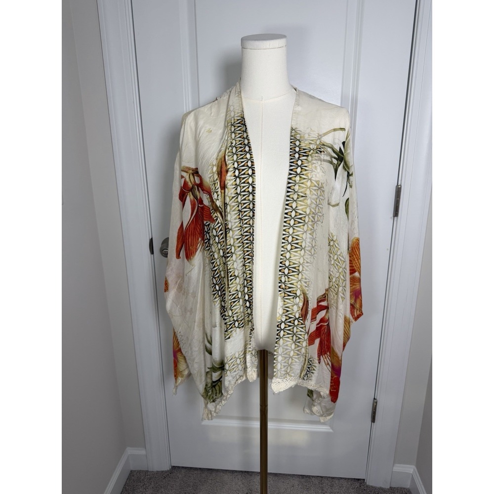 Chico's Women's One Size Kimono Floral Boho Beach Silk Blend Lightweight‎ Open